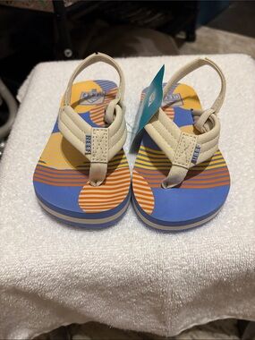 Reef Kids Beige Strap Sandals with Blue and Orange Footbed